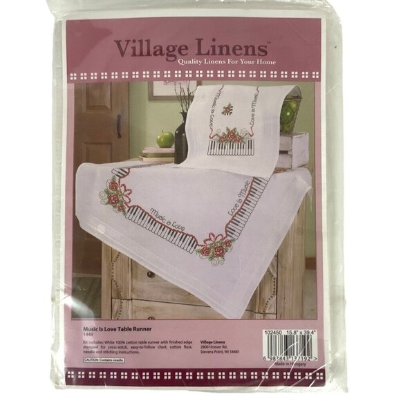 Village Linens 1449 Music Is Love Cross Stitch Table Runner Craft Kit 16x36 - Picture 1 of 2